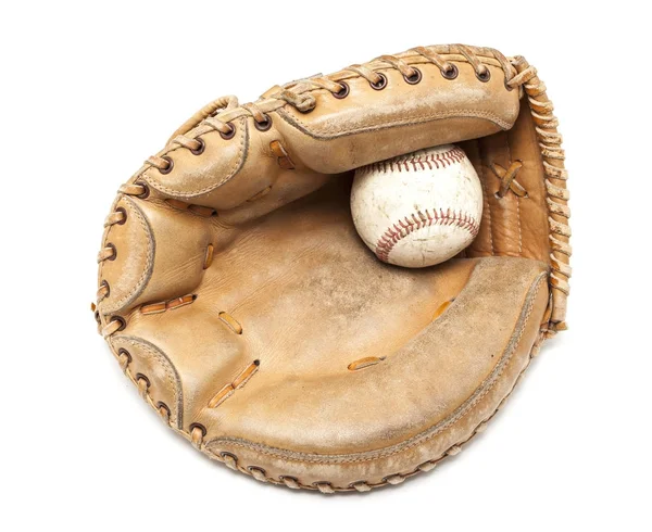 Vieux Receveur Cuir Mit Hardball Sur Fond Blanc — Photo