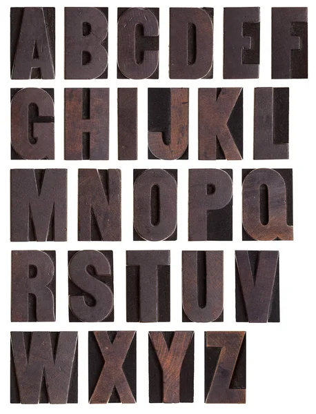 Antique Wooden Letterpress Alphabet Isolated White Background — Stock Photo, Image