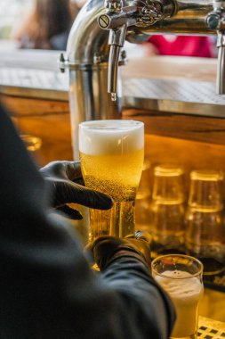 Barmen tarafından doldurulan bir bardak taze soğuk bira..