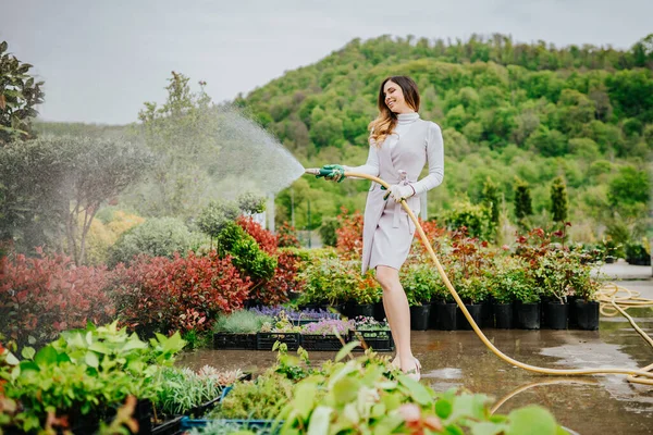 Young Beautiful Woman Gardener Watering Plants Hose — Stock Photo, Image