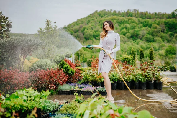 Joven Hermosa Mujer Jardinero Riego Plantas Manguera —  Fotos de Stock