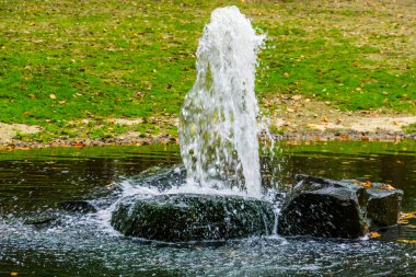 Su çeşmesi büyük bir su püskürtüyor, park ve bahçe dekorasyonu.