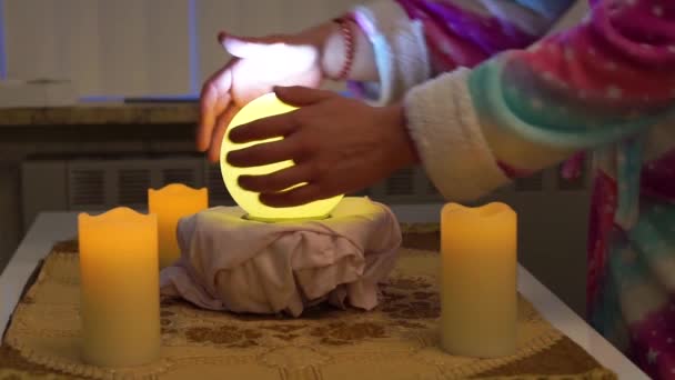 Person Moving Hands Lighted Fortune Teller Sphere Traditional Spirituality Witchcraft — ストック動画