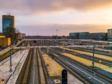 skyline with railroads near central station Utrecht, The Netherlands, 23 january, 2020