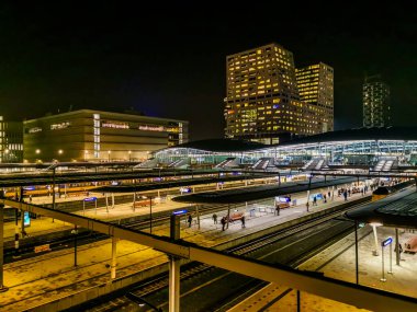 lighted night scenery of Utrecht central station, popular city architecture, Utrecht, The Netherlands, 23 january, 2020