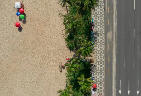 Rio de Janeiro Brezilya plajı boyunca bir sokak ve palmiye ağaçlarının insansız hava aracı görüntüleri