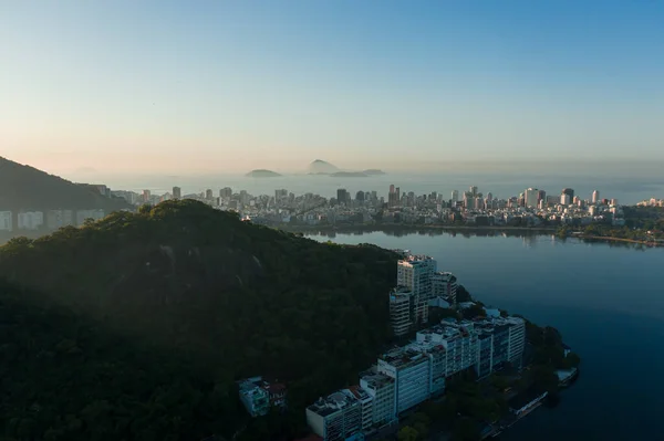 Drone Toma Amanecer Sobre Lagoa Río Janeiro Brasil — Foto de Stock