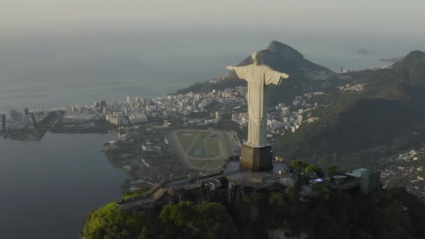Luchtfoto Close Beelden Van Christus Verlosser Corcovado Berg Rio Janeiro — Stockvideo