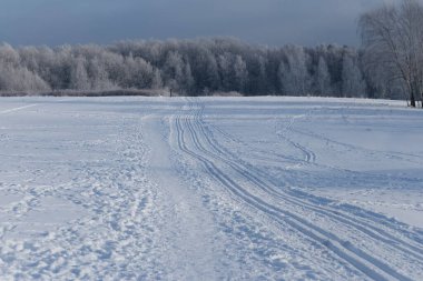 Açık, güneşli bir kış gününde, uzaktaki çayırlarda ve ormanlarda kar yağdı.