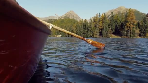 在高山湖上游泳 划船时木桨的闭合 靠近水面的地方 森林和湖滨景观 — 图库视频影像