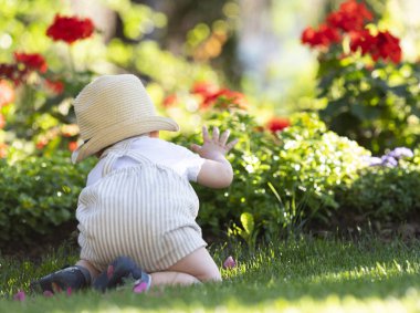 Küçük oğlan bahçedeki çimlerde sürünür güzel baharda. 