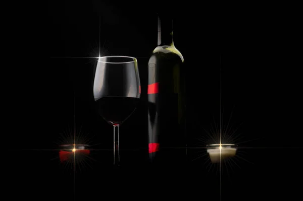 Бутылка красного вина, бокал вина и две свечи — стоковое фото