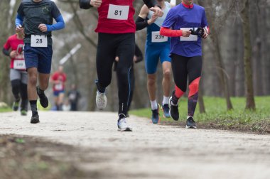 Spor, spor, arkadaşlık, ırk ve sağlıklı yaşam tarzı konsepti - bir grup arkadaş veya sporcu maraton koşuyor 
