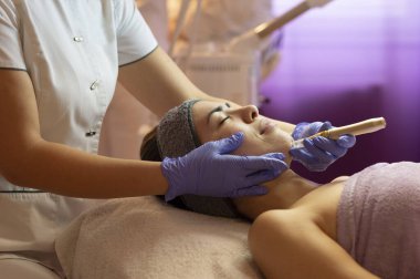 Spa, tatil köyü, güzellik ve sağlık konsepti. Güzellik salonunda yüz bakımı gören güzel bir kadın. Yüz bakımı. Kozmetoloji 