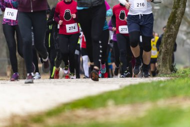 Spor, spor, arkadaşlık, ırk ve sağlıklı yaşam tarzı konsepti - bir grup arkadaş veya sporcu maraton koşuyor 