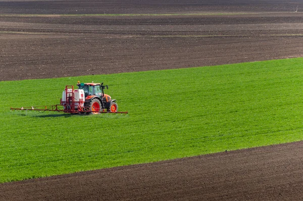 Traktor Stříká Pšenici Jaře Poli — Stock fotografie