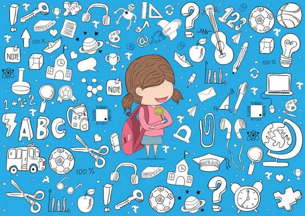 Schoolgirl pupils back to school background, drawing by hand vec — Stock Vector
