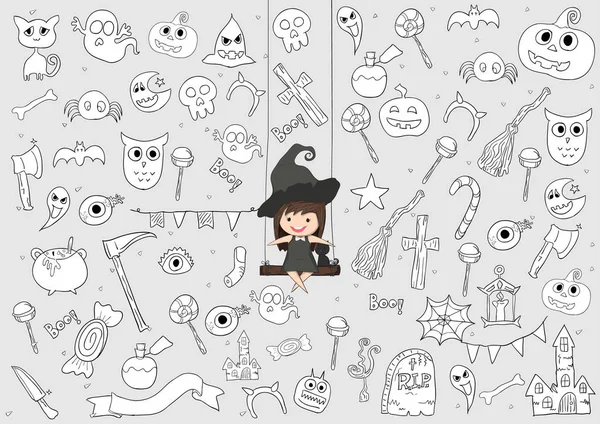 Hexe süß und schwarz Katzenritt auf der Schaukel, Halloween, Doodle — Stockvektor