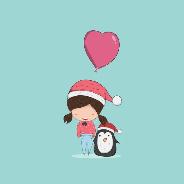 Girl with heart shaped balloon christmas character., drawing by — Stock Vector