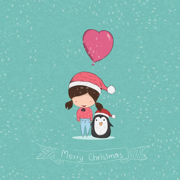 Fille avec coeur en forme de ballon personnage de Noël., dessin par — Image vectorielle