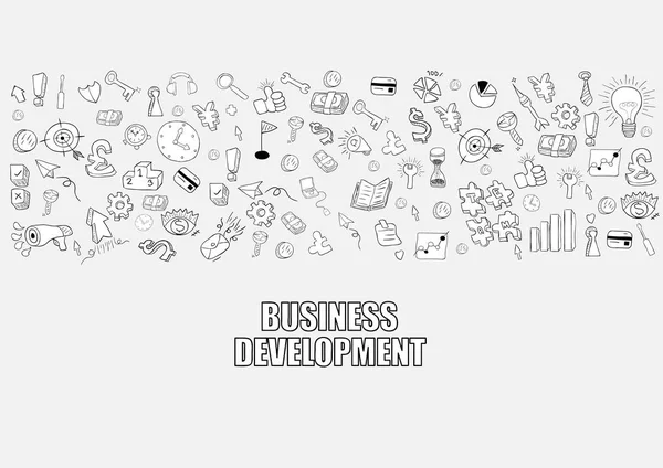 Business development doodles objects background, drawing by hand — Stock Vector