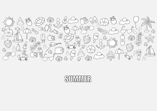 夏季海滩手绘矢量符号和对象，绘图 — 图库矢量图片