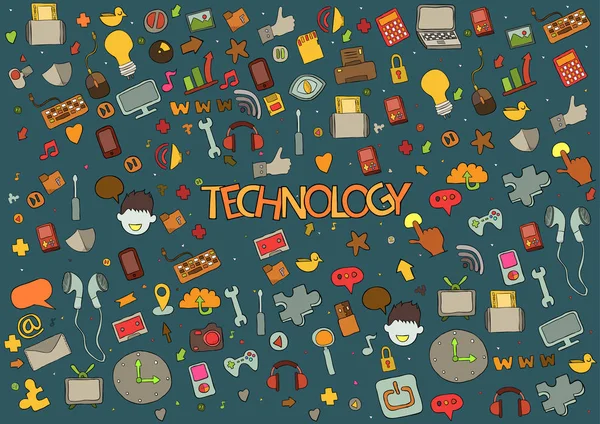 Technologia tło z ikony mediów strony napis i doodle — Wektor stockowy