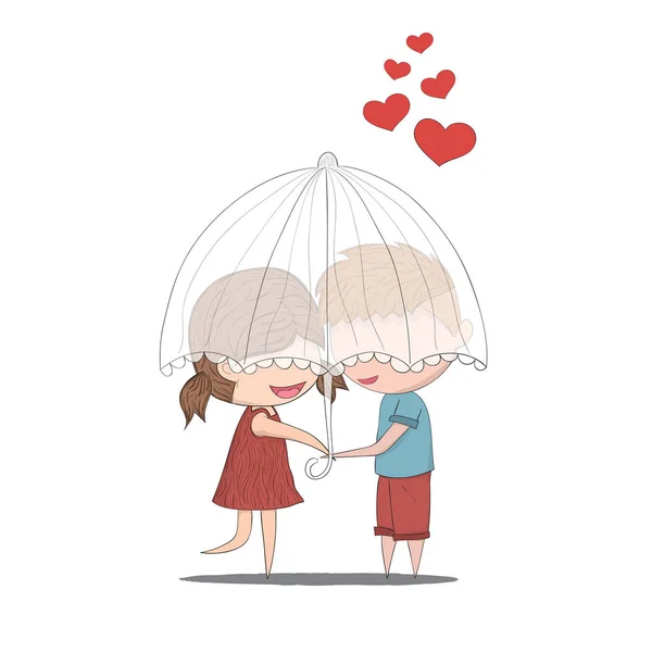 Söta tecknade doodle älskare en pojke och en flicka under umbrella.cute — Stock vektor