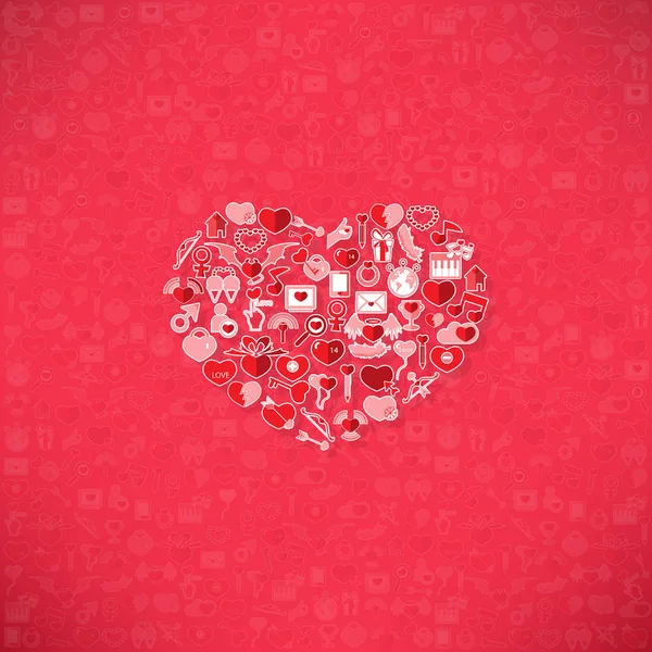 Red icon heart Valentines day card with sign on Icon love backgr — Stock Vector