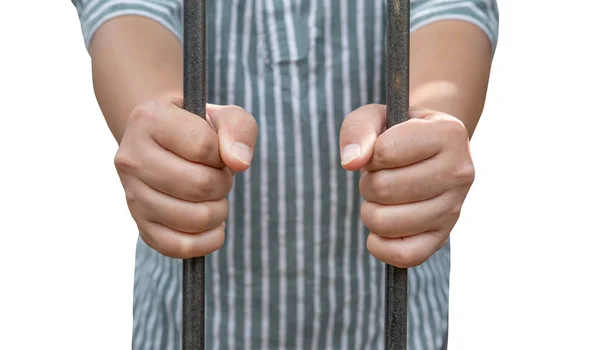 Mão na prisão no fundo branco — Fotografia de Stock