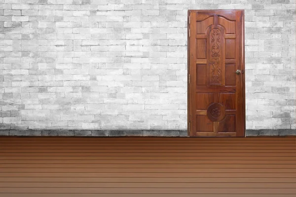 Wooden door background of old vintage White brick wall — Stock Photo, Image