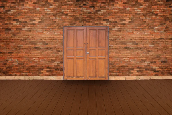 Wooden door background of old vintage brick wall on wood — Stock Photo, Image