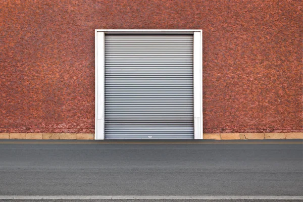 Porta Avvolgibile Pavimento Calcestruzzo All Esterno Dell Edificio Fabbrica Sfondo — Foto Stock