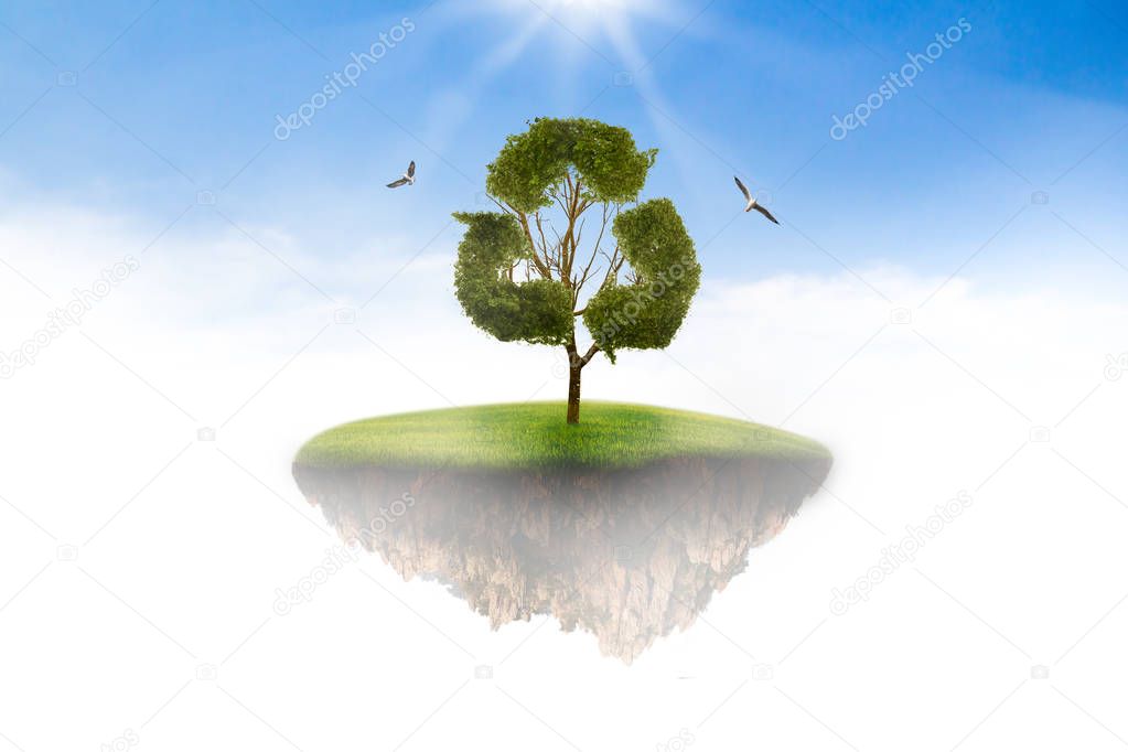Island in the sky to the tree concept recycle of life. The concept of world love and clean energy.