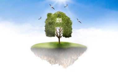 Ada ağaç ev concept geri dönüşüm hayat için gökyüzünde. , 