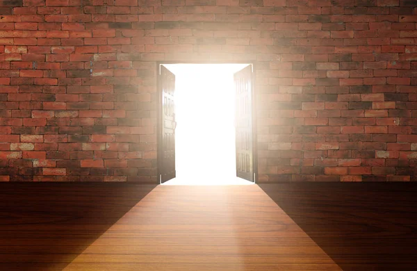 Ξύλινες Πόρτες Που Ανοίγουν Παλιά Τσιμεντένιο Τοιχίο Και Φως Έρχεται — Φωτογραφία Αρχείου