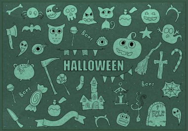 Cadılar Bayramı çizimler vektör tasarım öğeleri kümesi. Doodles'ın öğeleri arka plan. el ile vektör çizim