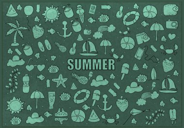 Yaz plaj elle çizilmiş vektör simgeler ve el ile vektör çizim nesneleri