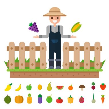 İzole sebze kümesi: organik meyve ve sebze büyümeye mutlu bahçıvanlar. Düz vektör çizim set.