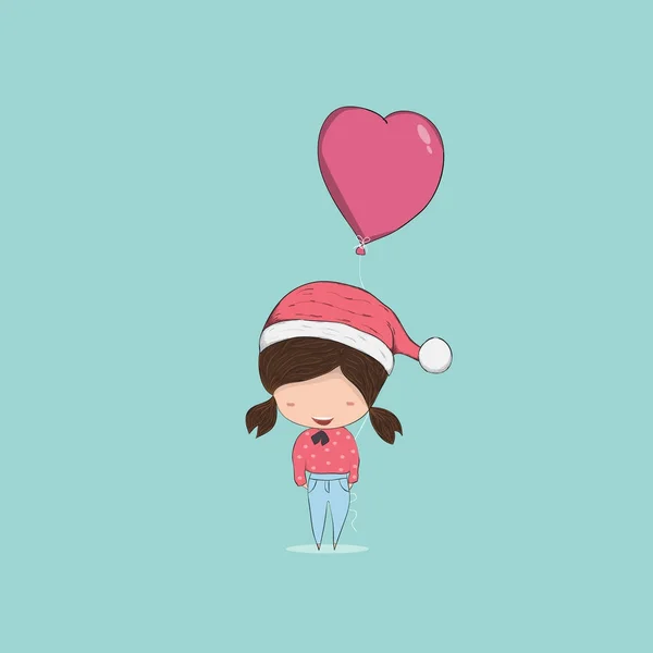 Mädchen Mit Herzförmigen Ballon Weihnachtsfigur Zeichnung Von Hand Vektor — Stockvektor