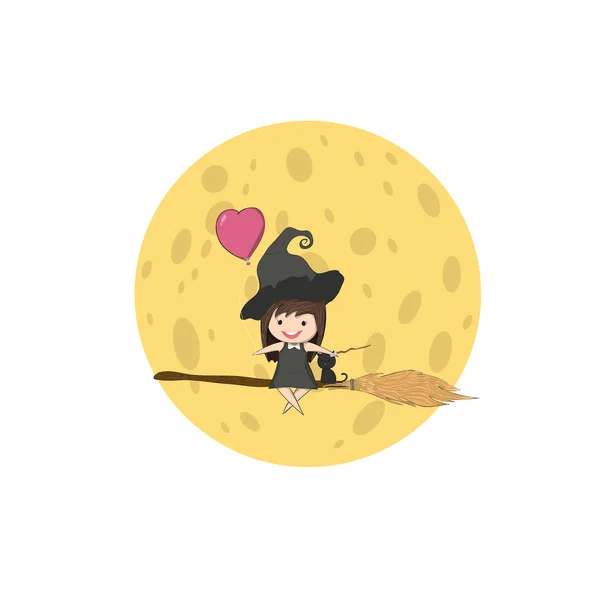 Witch Cute Black Cat Ride Swinging Broom Moon Halloween Drawing — Stock Vector