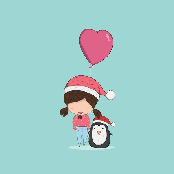 Fille Avec Coeur Forme Ballon Personnage Noël Dessin Main Vecteur — Image vectorielle