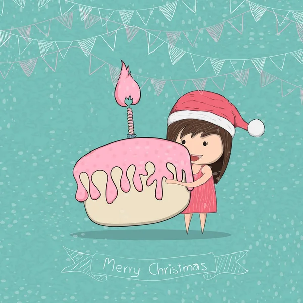 蛋糕与女孩圣诞快乐 手工绘制矢量 — 图库矢量图片