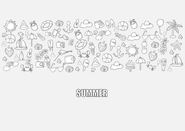 Yaz plaj elle çizilmiş vektör simgeler ve el ile vektör çizim nesneleri