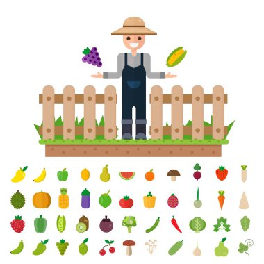 İzole sebze kümesi: meyve, sebze, organik. Düz vektör çizim set.