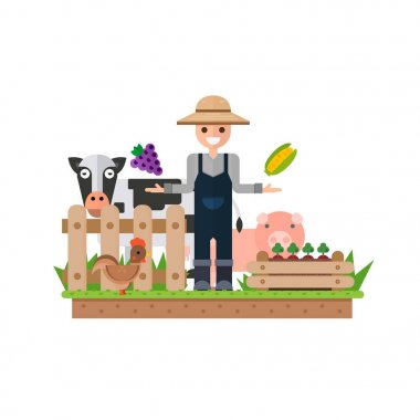 Sebze meyve. Mutlu çiftçi taze doğal ürünler. Düz bir stil vektör çizim.