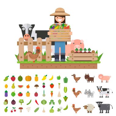 Sebze meyve. Mutlu çiftçi taze doğal ürünler. Düz bir stil vektör çizim.