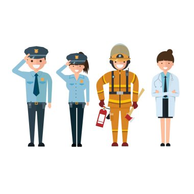 Polis itfaiyeci ve karikatür tarzı Isolated beyaz zemin üzerine doktor.