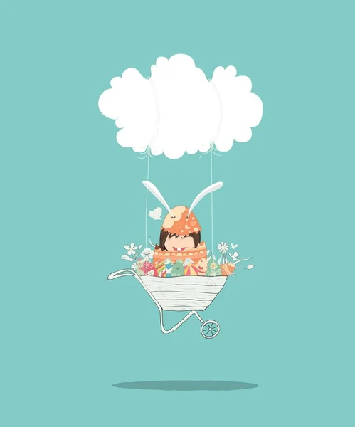 Cartoon Girl Coniglio Felice Pasqua Oscillante Una Nuvola Con Uova — Vettoriale Stock