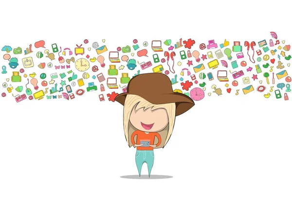 Teenage Girl Wearing Hat Playing Phone Happy Template Design Thinking — Stock Vector